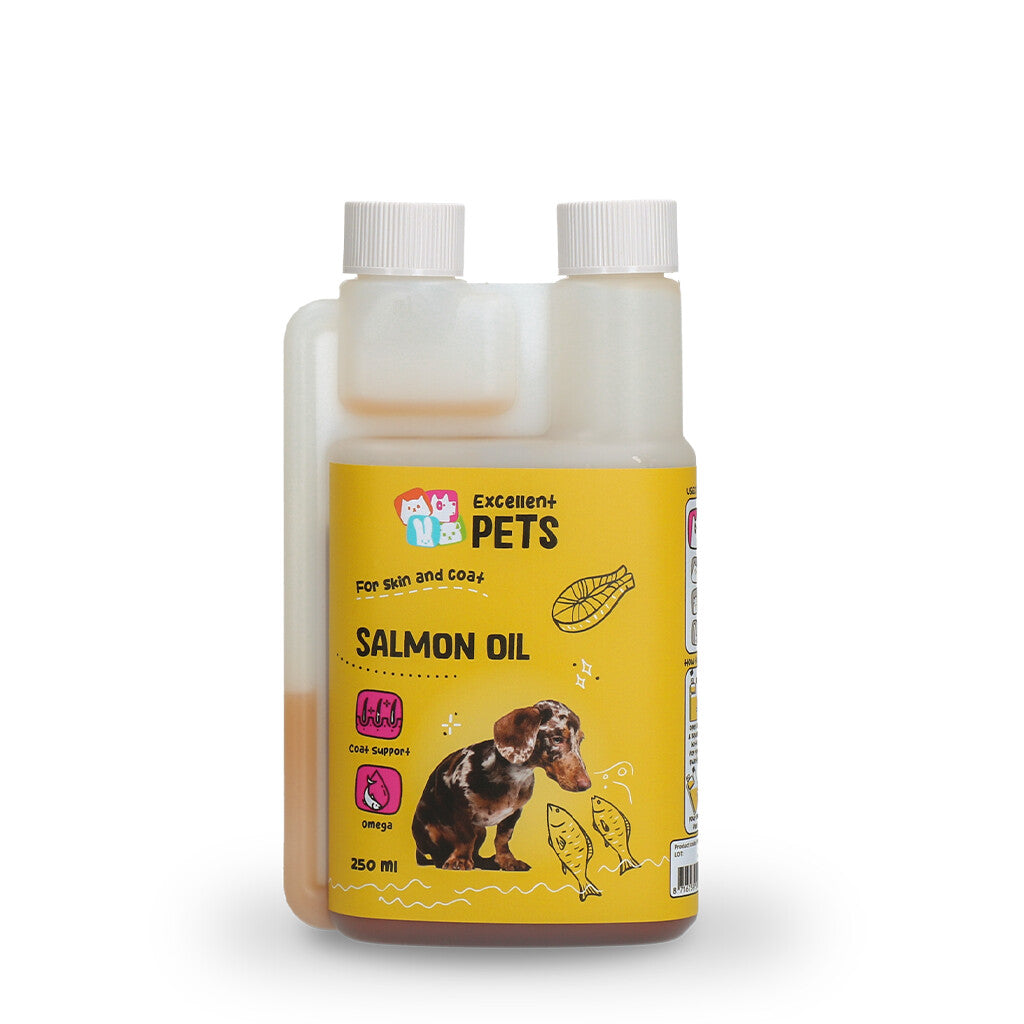 Bottle of Excellent Pets Salmon Oil 250ml for dogs on a white background