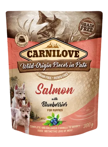 Carnilove dog food package with salmon and blueberries for puppies on a white background