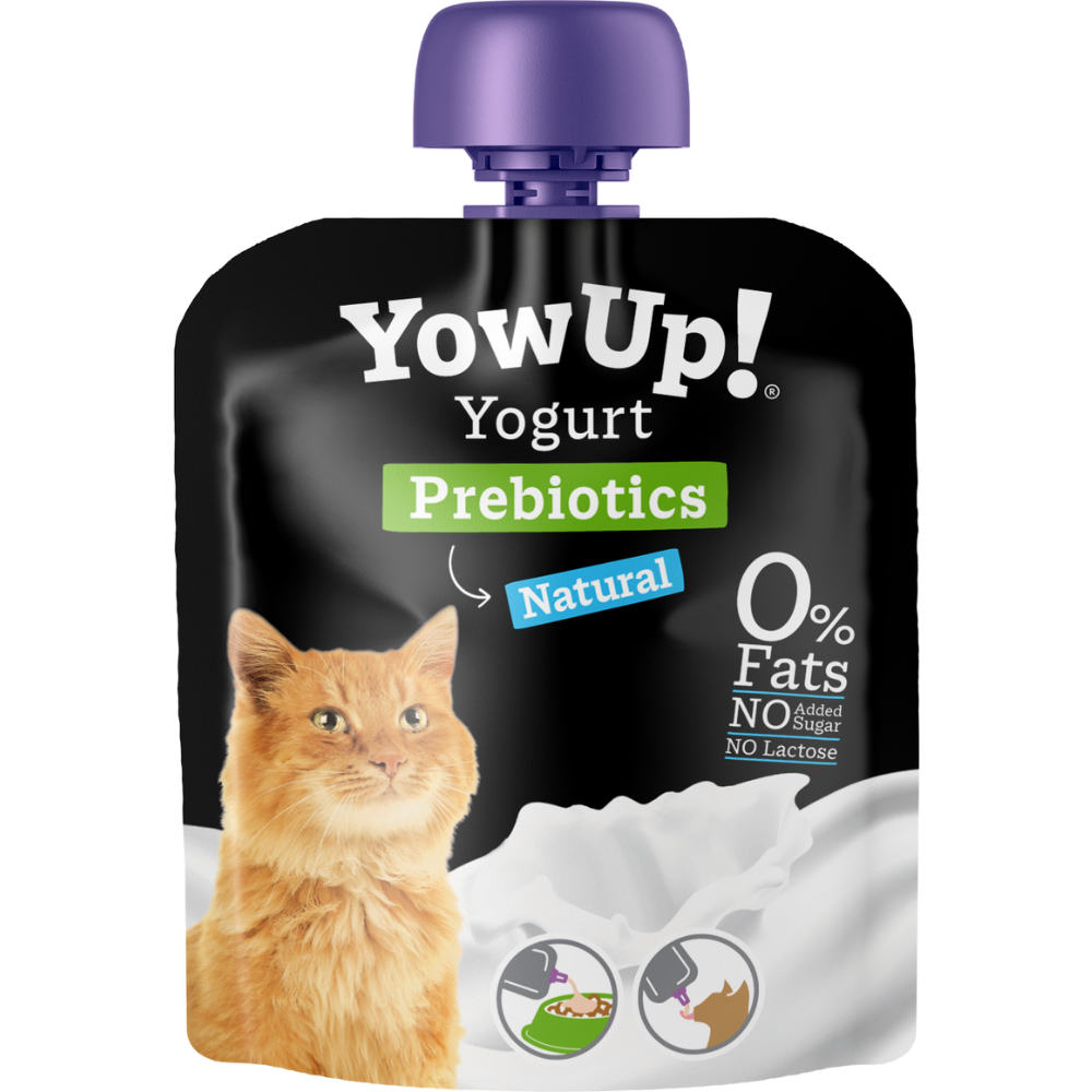 YowUp! Yogurt Prebiotics pouch for cats with a cat on a white background