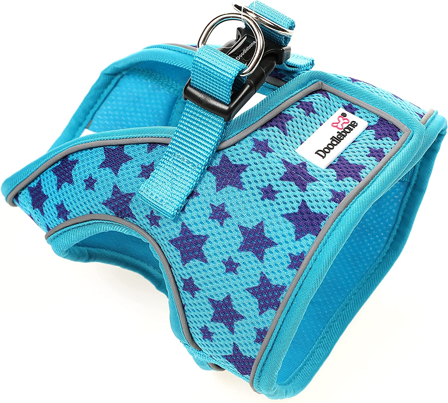 Doodle Bone Originals Pattern Snappy Harness, shoot for the stars,Cyan and purple stars Size 2
