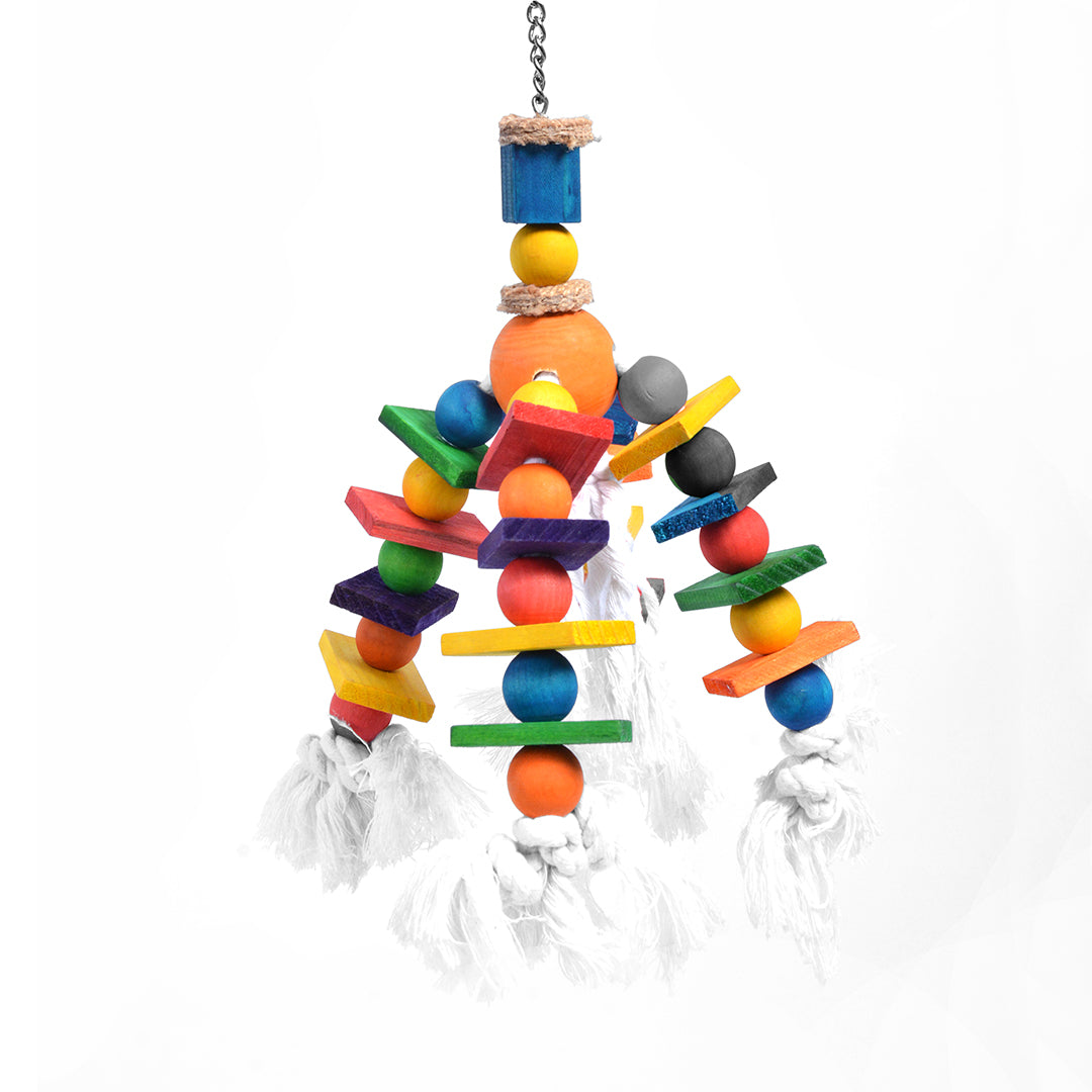 Colorful Wooden Bird Toy with Cotton Rope & Blocks - 35.5cm Interactive Perch