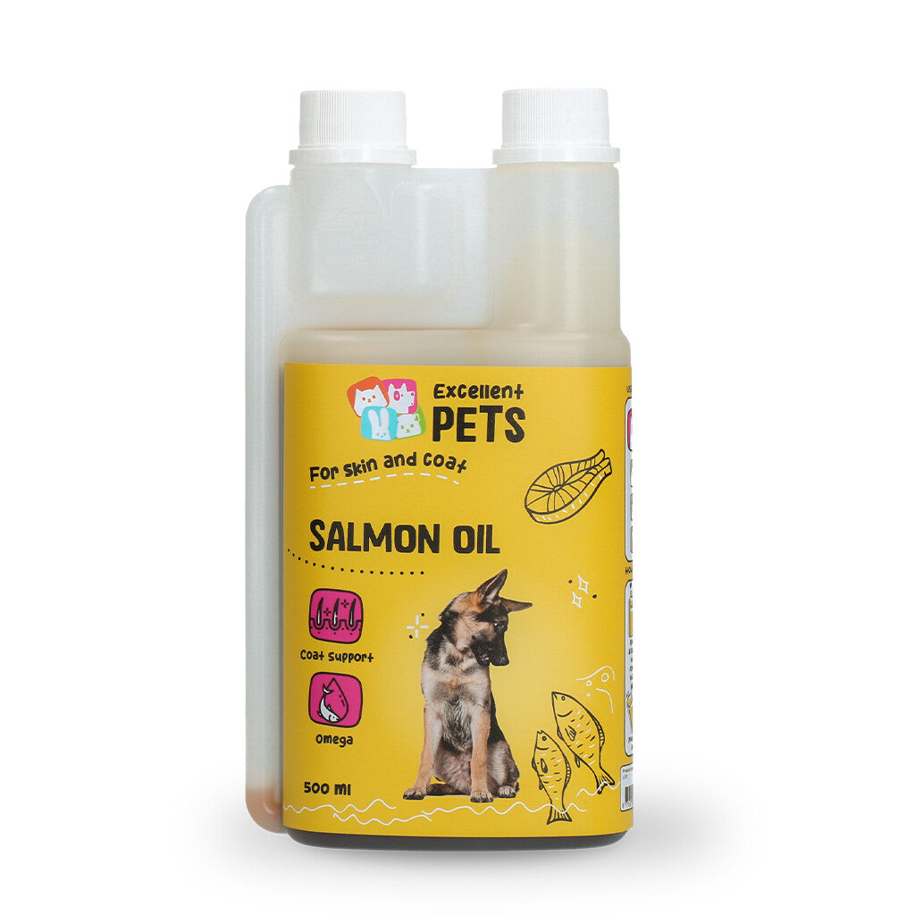 Salmon oil 500ml for pets with a yellow label on a white background
