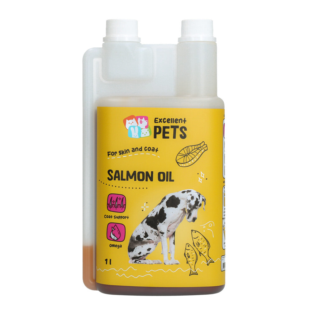 Bottle of Excellent Pets Salmon Oil 1000ml for pets on a white background