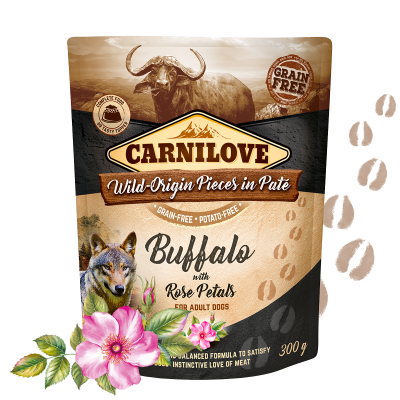 Buffalo with Rose Blossom POUCH WITH PIECES OF WILD-ORIGIN MEAT AND ORGANS IN PÂTÉ. - Wag n Tails Pet Shop